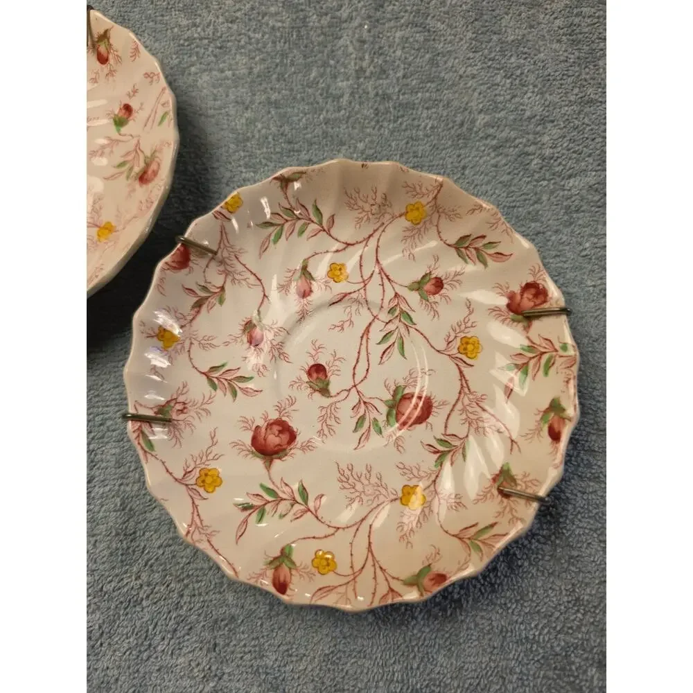 Pair of Vintage Copeland Spode Rosebud Chintz Saucers 2/8401 Pink Vine England